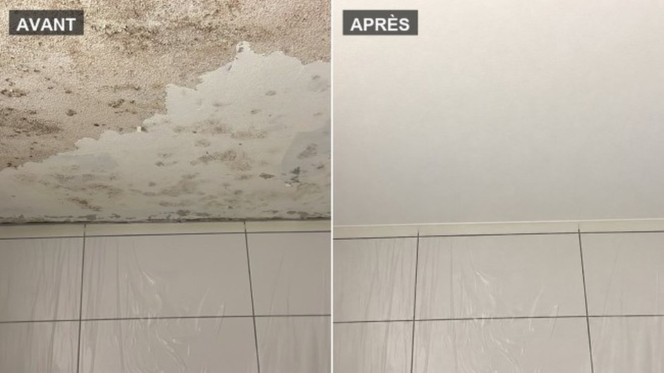 Plafond avant et après remise en état suite à un dégât d'eau