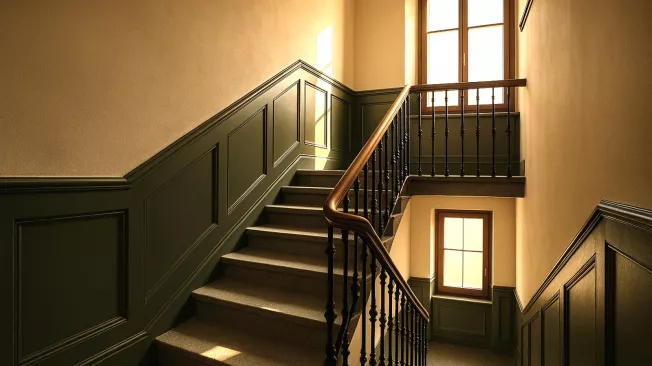 Cage d'escalier d'immeuble ancien rénovée, boiseries vert foncé et rampe en fer forgé