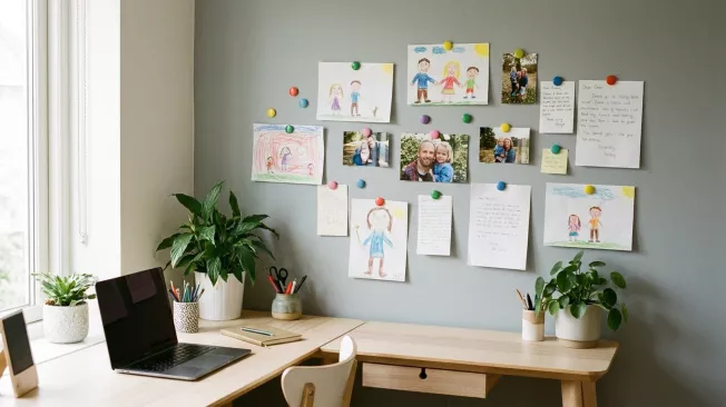 Mur de bureau peint en peinture aimantée, dessins d'enfants et photos tenus par des aimants colorés