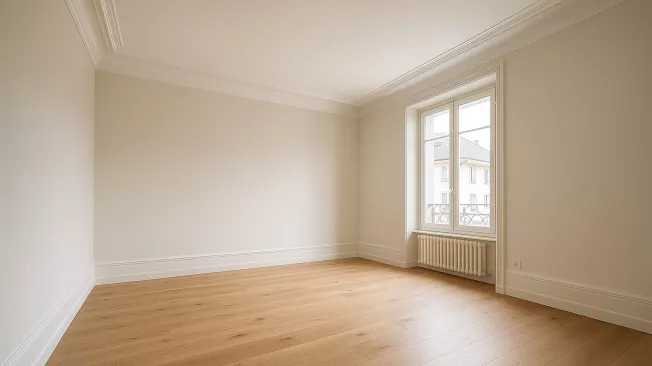 Pièce vide d'un appartement ancien dont le plafond lisse et la corniche moulurée ont été refaits en blanc