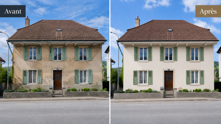Maison villageoise à volets verts photographiée avant et après ravalement de façade