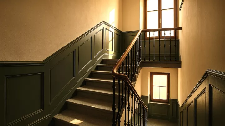 Cage d'escalier d'immeuble ancien rénovée, boiseries vert foncé et rampe en fer forgé