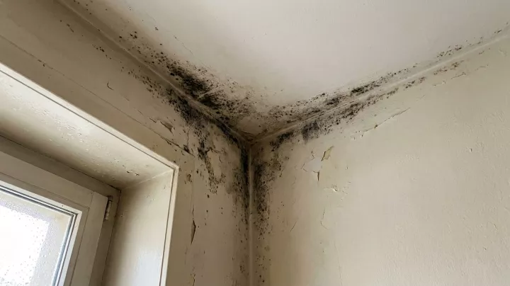 Angle de mur et de plafond couvert de moisissure noire à côté d'une fenêtre, signe d'un pont de froid