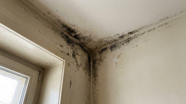Angle de mur et de plafond couvert de moisissure noire à côté d'une fenêtre, signe d'un pont de froid