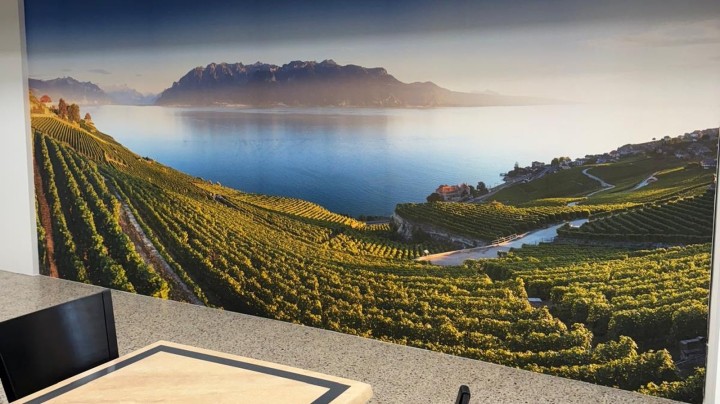 Panorama des vignobles de Lavaux et du lac Léman imprimé en papier peint photo sur un mur de séjour