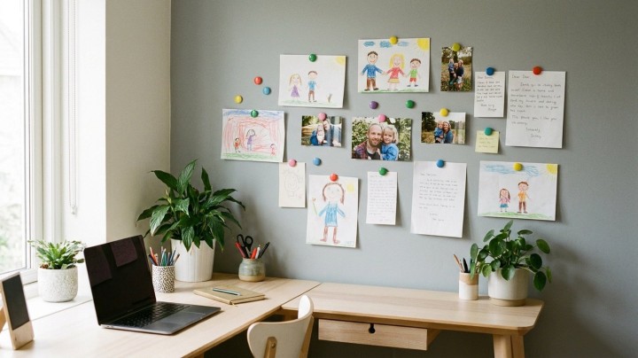 Mur de bureau peint en peinture aimantée, dessins d'enfants et photos tenus par des aimants colorés
