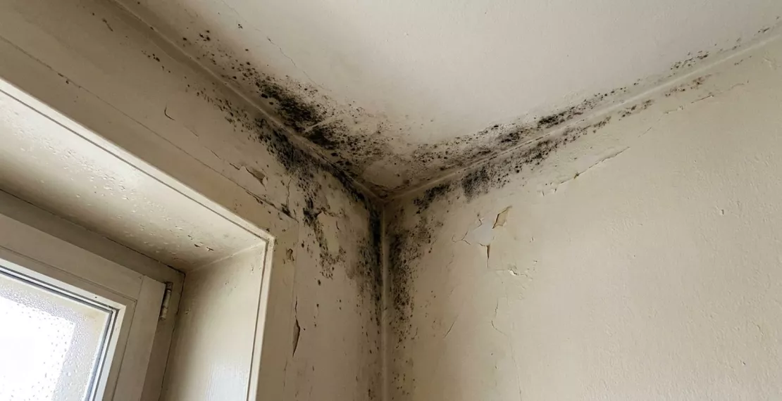 Taches noires de moisissure dans l'angle d'un mur extérieur froid