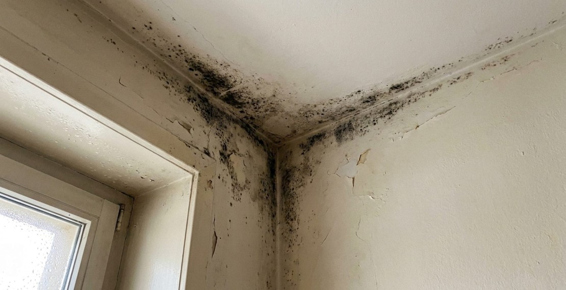 Taches noires de moisissure dans l'angle d'un mur extérieur froid
