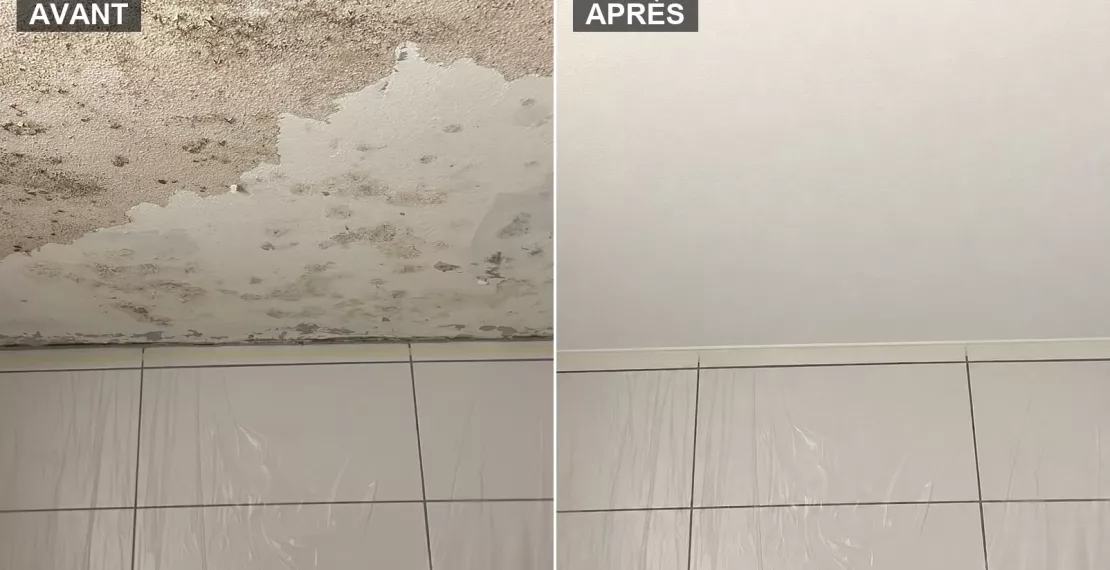 Plafond de salle de bains avant et après traitement des moisissures et peinture anti-condensation
