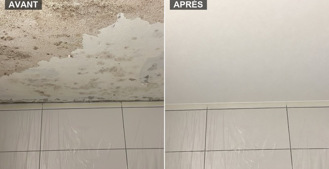 Plafond de salle de bains avant et après traitement des moisissures et peinture anti-condensation