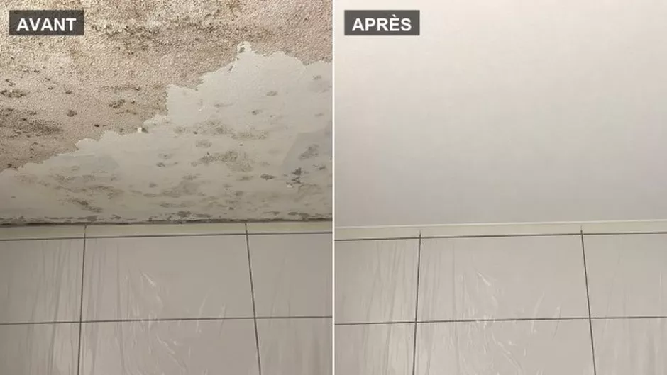 Plafond avant et après remise en état suite à un dégât d'eau